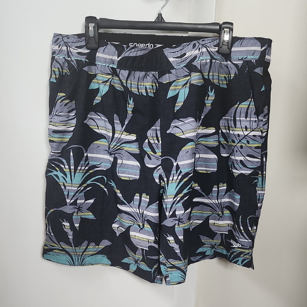 Speedo Black and Blue Leaf Print Swim Shorts